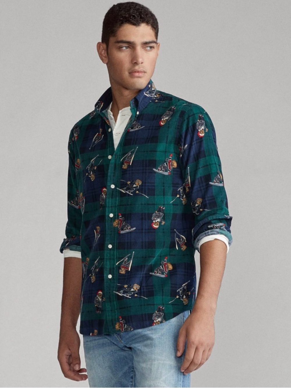 Polo Ralph Lauren Classic Fit Skiing Polo Bear Corduroy Button Down Shirt Plaid